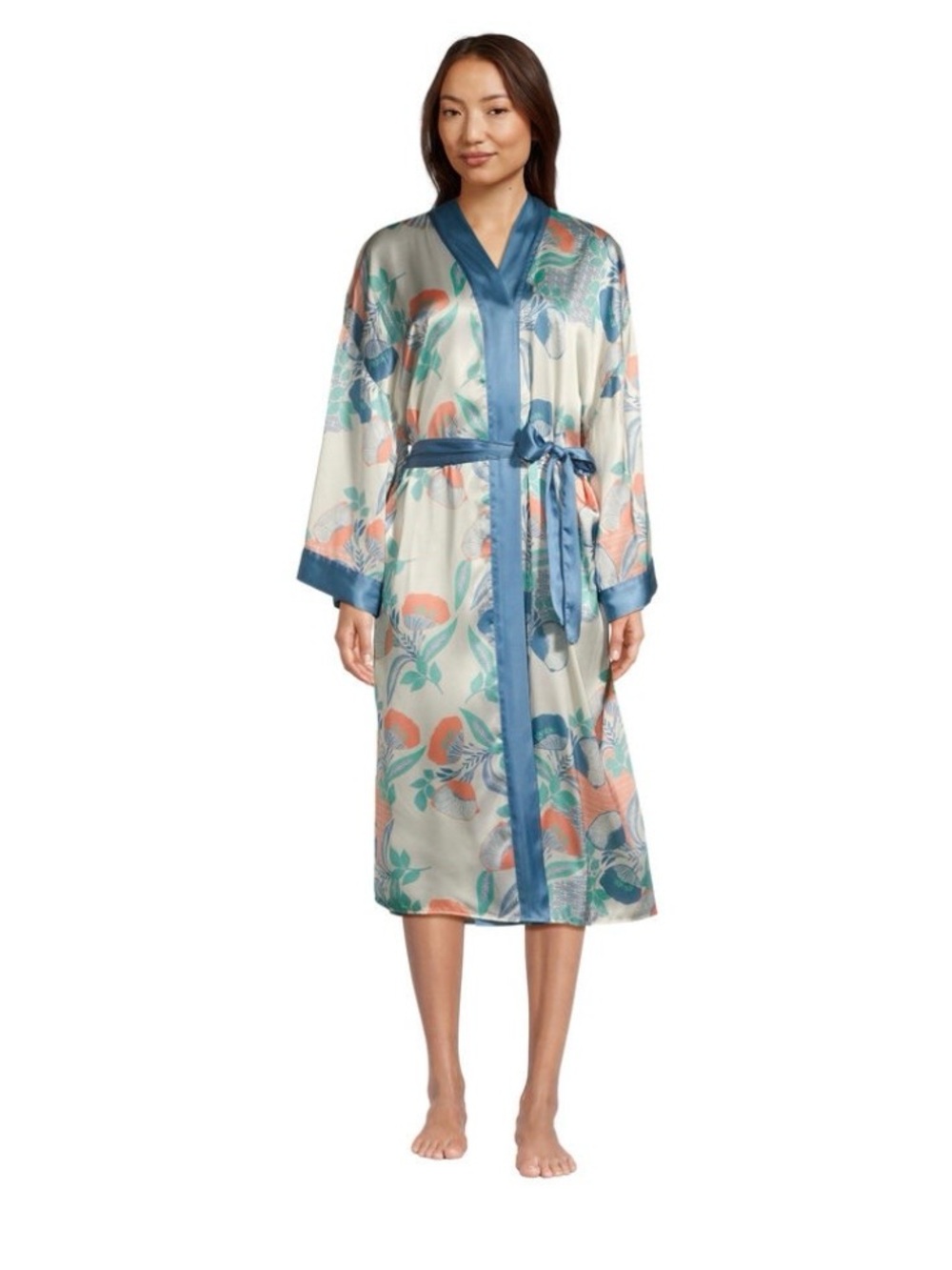 NWT World Market Blue and Coral Floral Satin Robe - Picture 2 of 9